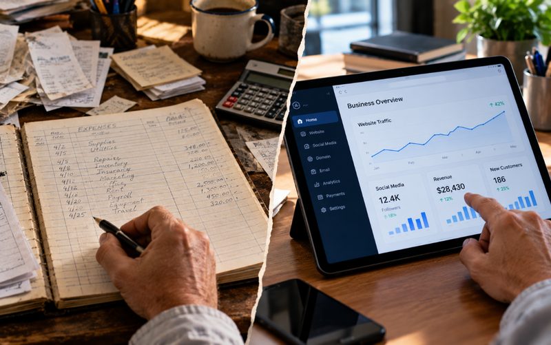 A handwritten expense ledger beside a tablet showing a business dashboard