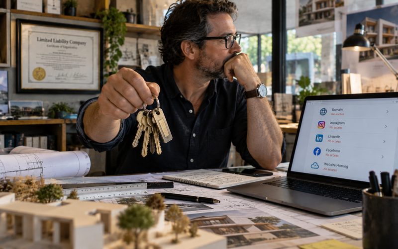 A business owner holding office keys beside a laptop showing locked accounts