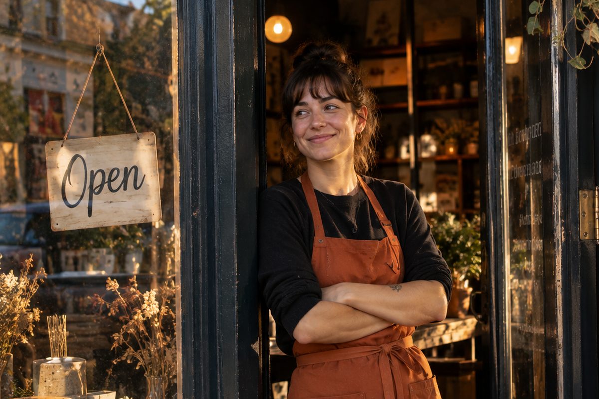 A smiling shop owner in an apron leans in her storefront doorway beside an Open sign