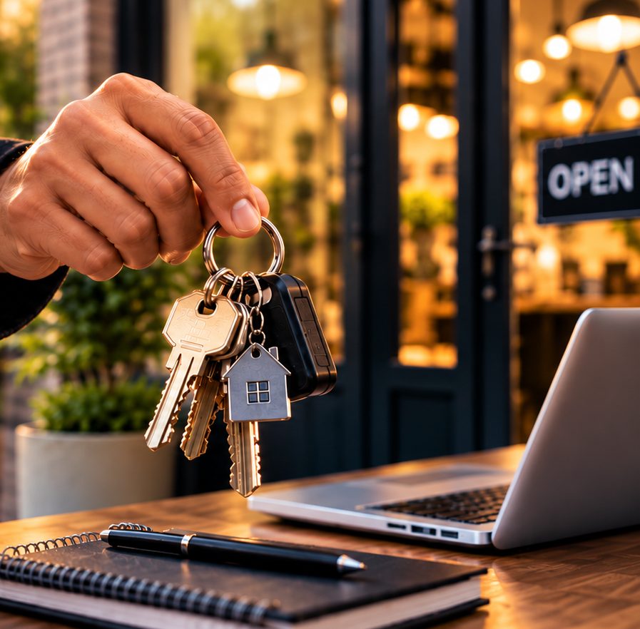A hand holding a set of keys with a house keychain over a desk with a laptop, outside a small shop with an Open sign