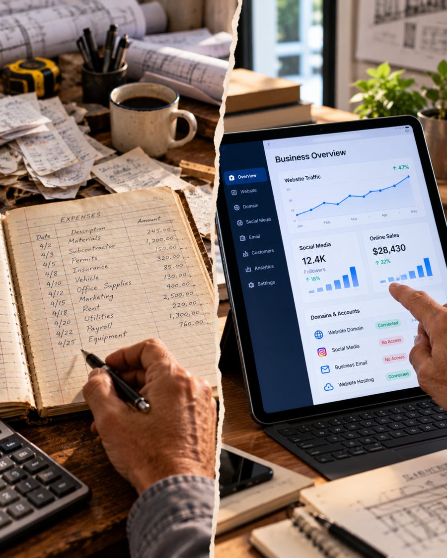 A handwritten expense ledger beside a tablet showing a rising business-metrics dashboard