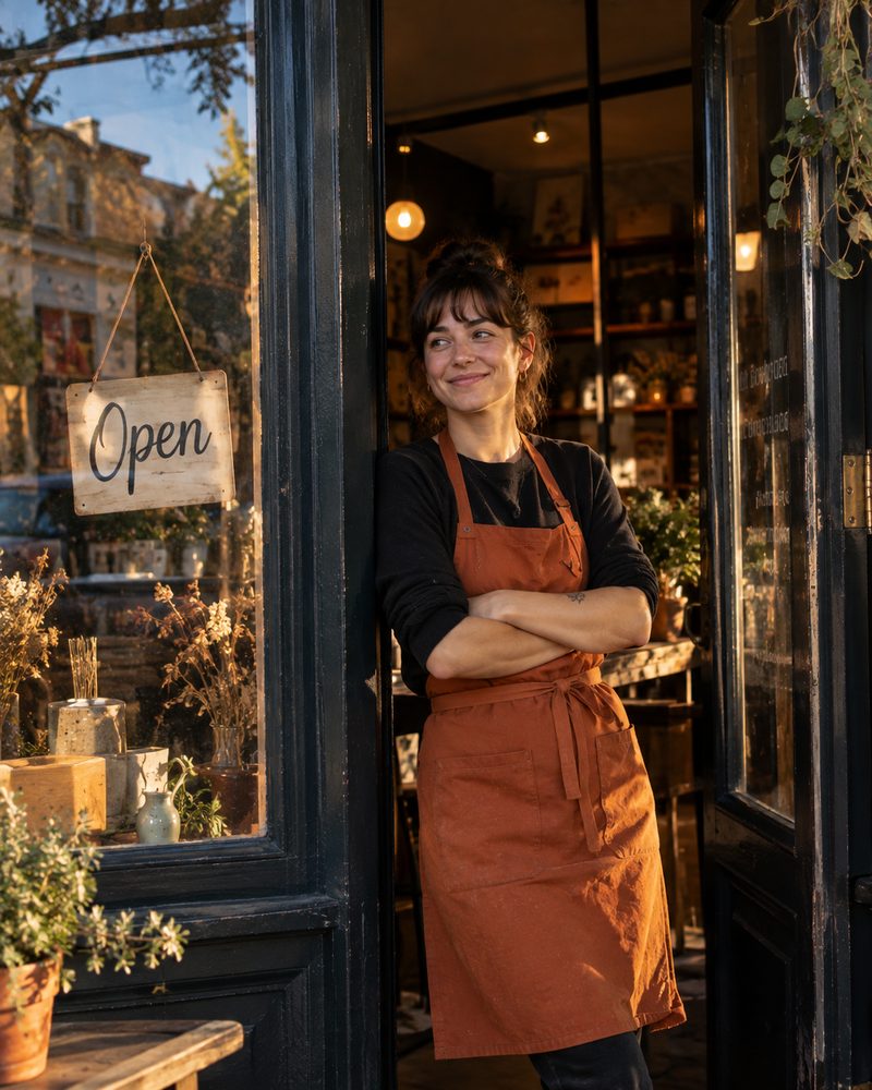 A smiling shop owner in an apron leans in her storefront doorway beside an Open sign at golden hour