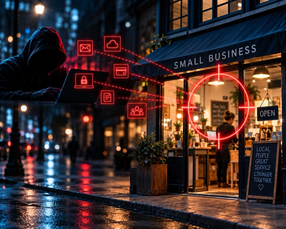 A small-business storefront at night inside a red targeting crosshair, with a hooded figure at a laptop
