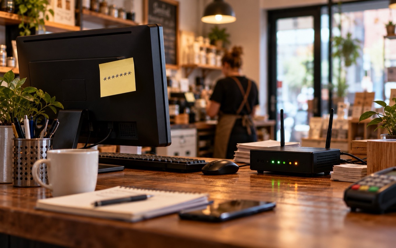 A shop counter with a shared computer, a password on a sticky note, an old router with blinking lights and a card reader, while an employee works in the background