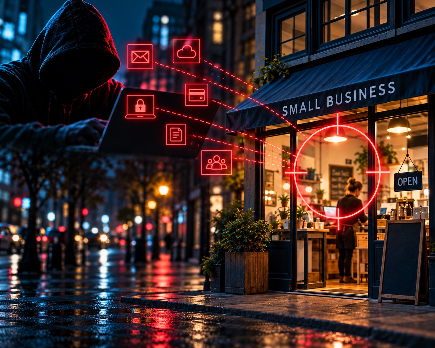 A small-business storefront at night inside a red targeting crosshair, with a hooded figure at a laptop sending email, payment and file icons toward it