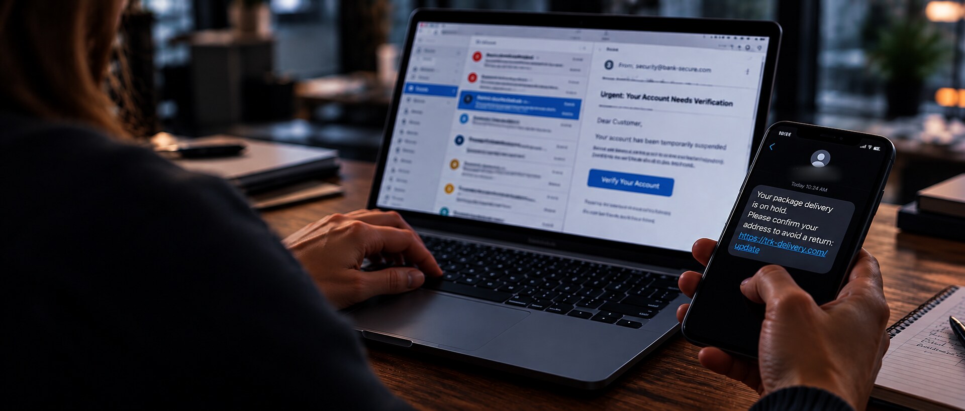 A person at a laptop with a suspicious email open, holding a phone showing a fake package delivery text