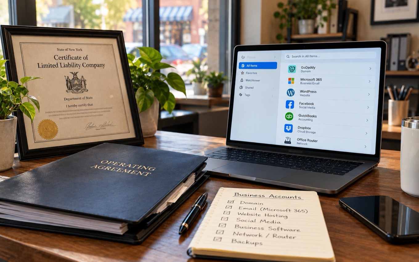 A desk with a framed LLC certificate, an operating agreement binder, a laptop showing a password manager and a handwritten business accounts checklist
